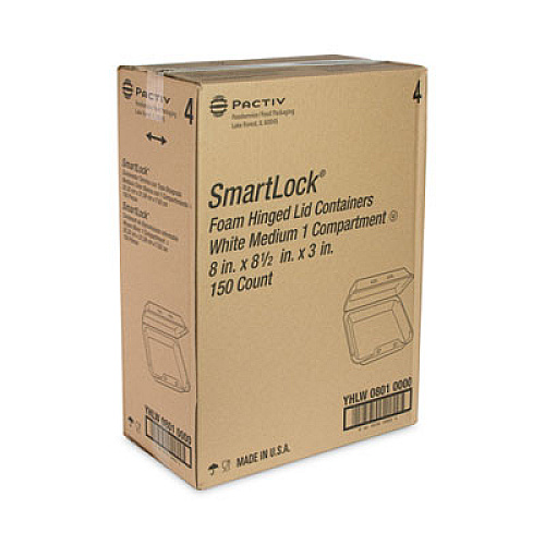 Pactiv Evergreen SmartLock Foam Hinged Lid Container, Medium, 8 x 8 x 3, White, 150/Carton (YHLW08010000)
