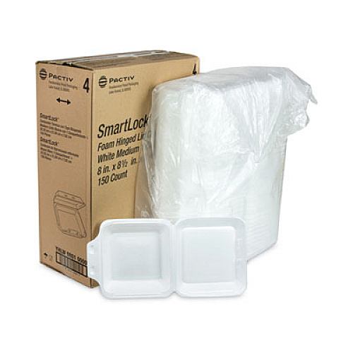 Pactiv Evergreen SmartLock Foam Hinged Lid Container, Medium, 8 x 8 x 3, White, 150/Carton (YHLW08010000)