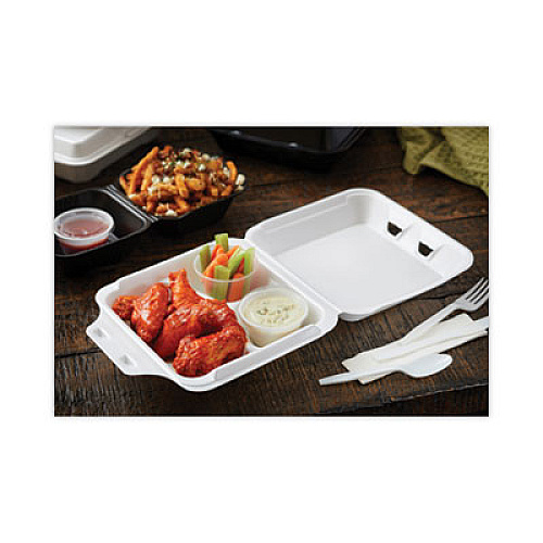 Pactiv Evergreen SmartLock Foam Hinged Lid Container, Medium, 3 Compartments, 8 x 8.5 x 3, White, 150/Carton (YHLW08030000)