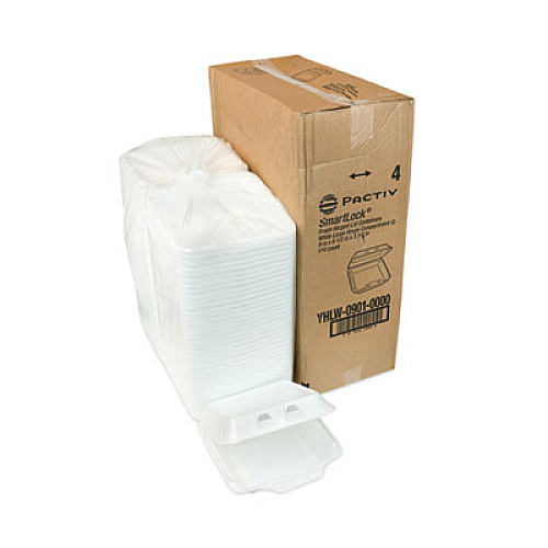 Pactiv Evergreen SmartLock Foam Hinged Lid Container, Large, 9 x 9.1 x 3.3, White, 150/Carton (YHLW09010000)