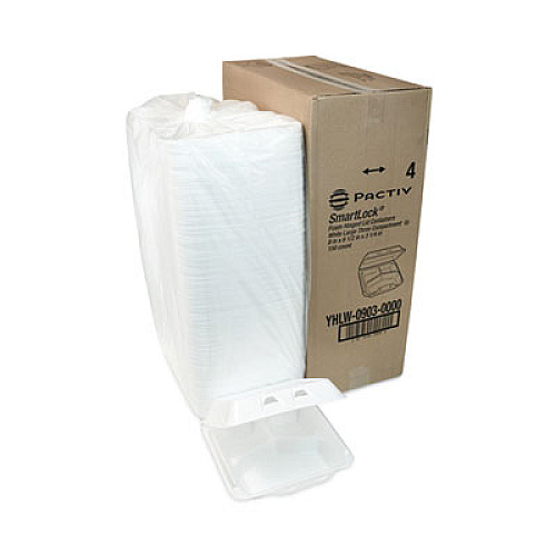 Pactiv Evergreen SmartLock Foam Hinged Lid Container, Large, 3 Compartments, 9 x 9.25 x 3.25, White, 150/Carton (YHLW09030000)