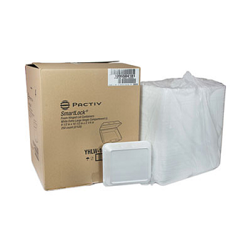Pactiv Evergreen SmartLock Foam Hinged Lid Container, X-Large, 9.5 x 10.5 x 3.3, White, 250/Carton (YHLW10010000)