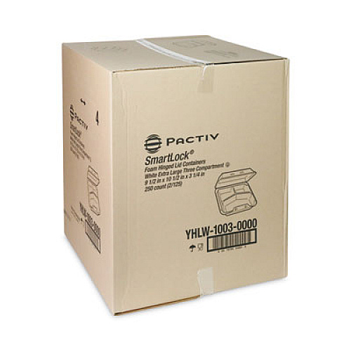 Pactiv Evergreen SmartLock Foam Hinged Lid Container, X-Large, 3 Compartments, 9.5 x 10.5 x 3.3, White, 250/Carton (YHLW10030000)