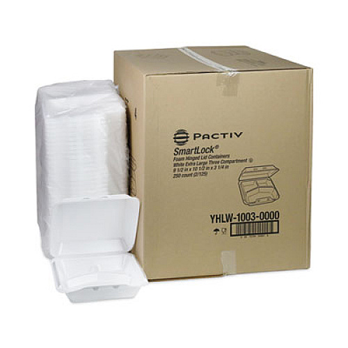 Pactiv Evergreen SmartLock Foam Hinged Lid Container, X-Large, 3 Compartments, 9.5 x 10.5 x 3.3, White, 250/Carton (YHLW10030000)