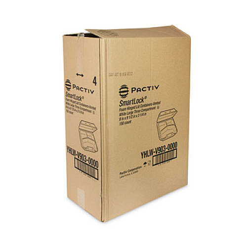 Pactiv Evergreen SmartLock Vented Foam Hinged Lid Container, 3 Compartments, 9 x 9.3 x 3.3, White, 150/Carton (YHLWV9030000)