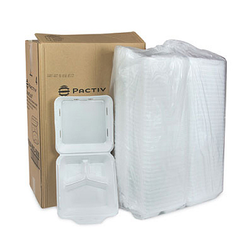 Pactiv Evergreen SmartLock Vented Foam Hinged Lid Container, 3 Compartments, 9 x 9.3 x 3.3, White, 150/Carton (YHLWV9030000)