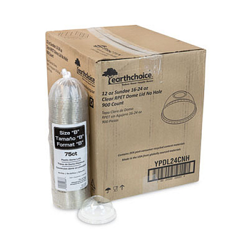 Pactiv Evergreen EarthChoice Strawless RPET Lid, Dome Lid, Fits 12 oz to 24 oz "B" Cups, Plastic, Clear, 1,020/Carton (YPDL24CNH)