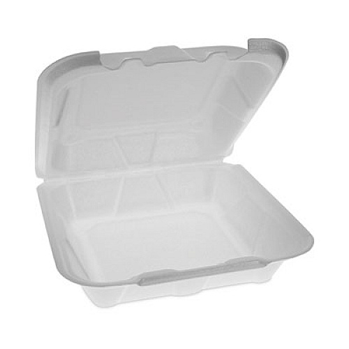 Pactiv Evergreen Vented Foam Hinged Lid Container, Dual Tab Lock Economy, 8.4 x 8 x 3, White, 150/Carton (YTD18801ECON)