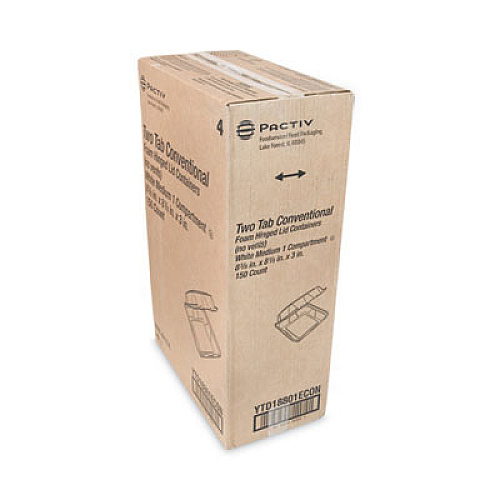 Pactiv Evergreen Vented Foam Hinged Lid Container, Dual Tab Lock Economy, 8.4 x 8 x 3, White, 150/Carton (YTD18801ECON)