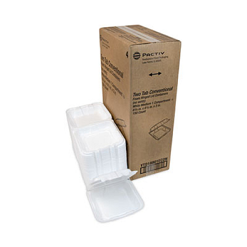 Pactiv Evergreen Vented Foam Hinged Lid Container, Dual Tab Lock Economy, 8.4 x 8 x 3, White, 150/Carton (YTD18801ECON)