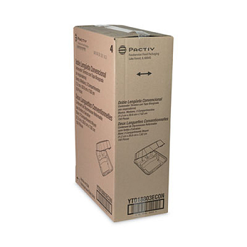 Pactiv Evergreen Vented Foam Hinged Lid Container, Dual Tab Lock Economy, 3 Compartments, 8.4 x 8 x 3, White, 150/Carton (YTD18803ECON)