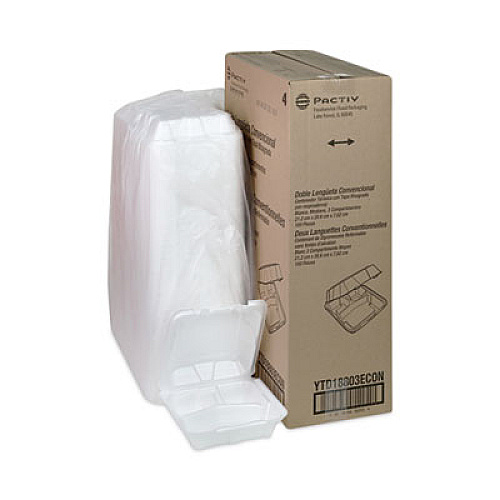Pactiv Evergreen Vented Foam Hinged Lid Container, Dual Tab Lock Economy, 3 Compartments, 8.4 x 8 x 3, White, 150/Carton (YTD18803ECON)