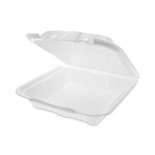 Pactiv Evergreen Vented Foam Hinged Lid Container, Dual Tab Lock Economy, 9.1 x 9 x 3.3, White, 150/Carton (YTD19901ECON)