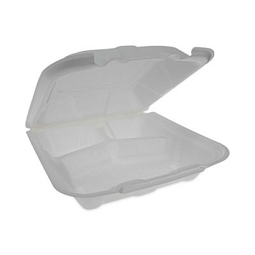 Pactiv Evergreen Vented Foam Hinged Lid Container, Dual Tab Lock Economy, 3 Compartments, 9.1 x 9 x 3.3, White, 150/Carton (YTD19903ECON)