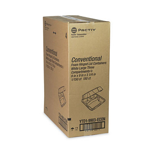Pactiv Evergreen Vented Foam Hinged Lid Container, Dual Tab Lock Economy, 3 Compartments, 9.1 x 9 x 3.3, White, 150/Carton (YTD19903ECON)