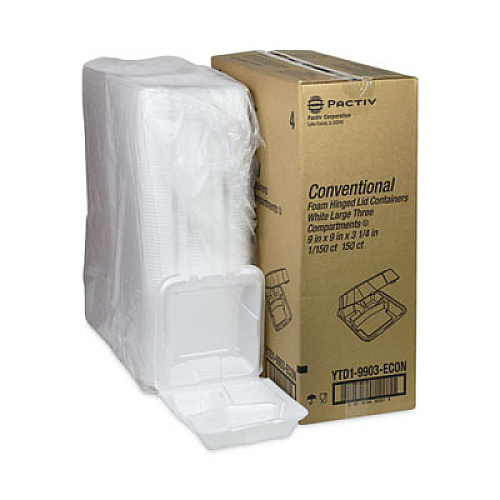 Pactiv Evergreen Vented Foam Hinged Lid Container, Dual Tab Lock Economy, 3 Compartments, 9.1 x 9 x 3.3, White, 150/Carton (YTD19903ECON)
