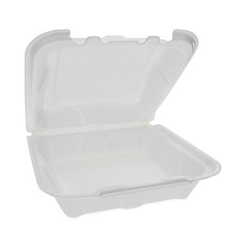 Pactiv Evergreen Vented Foam Hinged Lid Container, Dual Tab Lock, 8.4 x 8 x 3, White, 150/Carton (YTD188010000)
