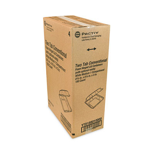 Pactiv Evergreen Vented Foam Hinged Lid Container, Dual Tab Lock, 8.4 x 8 x 3, White, 150/Carton (YTD188010000)