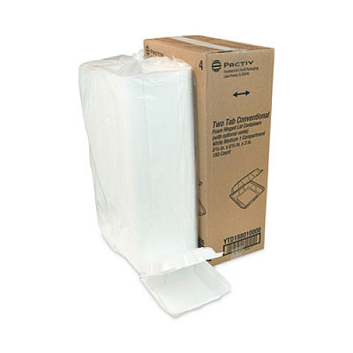 Pactiv Evergreen Vented Foam Hinged Lid Container, Dual Tab Lock, 8.4 x 8 x 3, White, 150/Carton (YTD188010000)