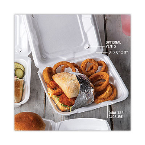 Pactiv Evergreen Vented Foam Hinged Lid Container, Dual Tab Lock, 8.4 x 8 x 3, White, 150/Carton (YTD188010000)