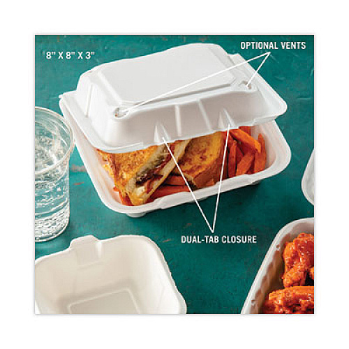 Pactiv Evergreen Vented Foam Hinged Lid Container, Dual Tab Lock, 8.4 x 8 x 3, White, 150/Carton (YTD188010000)