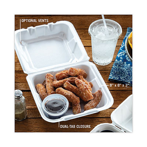Pactiv Evergreen Vented Foam Hinged Lid Container, Dual Tab Lock, 8.4 x 8 x 3, White, 150/Carton (YTD188010000)