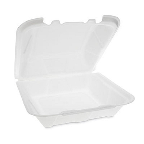 Pactiv Evergreen Vented Foam Hinged Lid Container, Dual Tab Lock, 9.13 x 9 x 3.25, White, 150/Carton (YTD199010000)