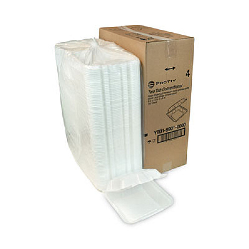 Pactiv Evergreen Vented Foam Hinged Lid Container, Dual Tab Lock, 9.13 x 9 x 3.25, White, 150/Carton (YTD199010000)