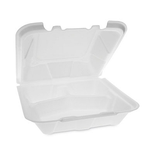 Pactiv Evergreen Vented Foam Hinged Lid Container, Dual Tab Lock, 3 Compartments, 9.1 x 9 x 3.3, White, 150/Carton (YTD199030000)