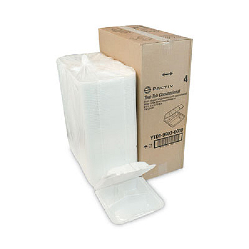 Pactiv Evergreen Vented Foam Hinged Lid Container, Dual Tab Lock, 3 Compartments, 9.1 x 9 x 3.3, White, 150/Carton (YTD199030000)