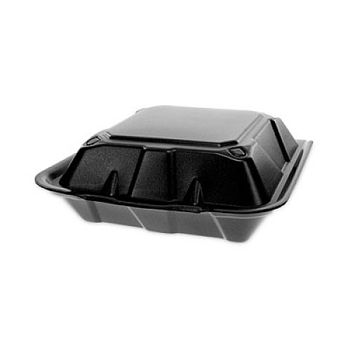 Pactiv Evergreen Vented Foam Hinged Lid Container, Dual Tab Lock, 9.1 x 9 x 3.3, Black, 150/Carton (YTDB99010000)