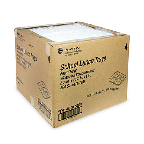 Pactiv Evergreen Foam School Trays, 5-Compartment Tray, 8.25 x 10.5 x 1, White, 500/Carton (YTH10500SGBX)