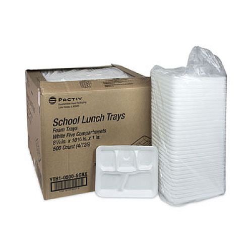 Pactiv Evergreen Foam School Trays, 5-Compartment Tray, 8.25 x 10.5 x 1, White, 500/Carton (YTH10500SGBX)
