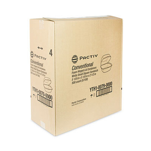 Pactiv Evergreen Foam Hinged Lid Container, Single Tab Lock, 5 x 5 x 2.5, White, 500/Carton (YTH100790000)