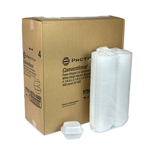 Pactiv Evergreen Foam Hinged Lid Container, Single Tab Lock, 5 x 5 x 2.5, White, 500/Carton (YTH100790000)
