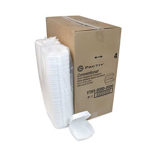 Pactiv Evergreen Foam Hinged Lid Container, Single Tab Lock, 6 x 6 x 3, White, 500/Carton (YTH100800000)
