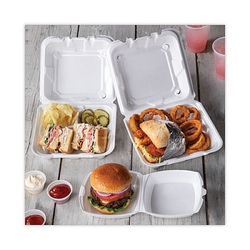Pactiv Evergreen Foam Hinged Lid Container, Single Tab Lock, 6 x 6 x 3, White, 500/Carton (YTH100800000)
