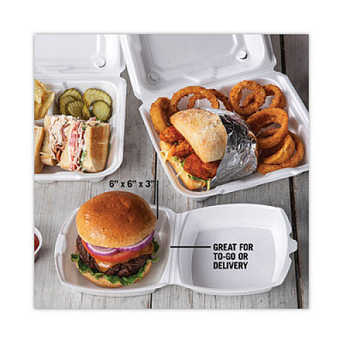 Pactiv Evergreen Foam Hinged Lid Container, Single Tab Lock, 6 x 6 x 3, White, 500/Carton (YTH100800000)