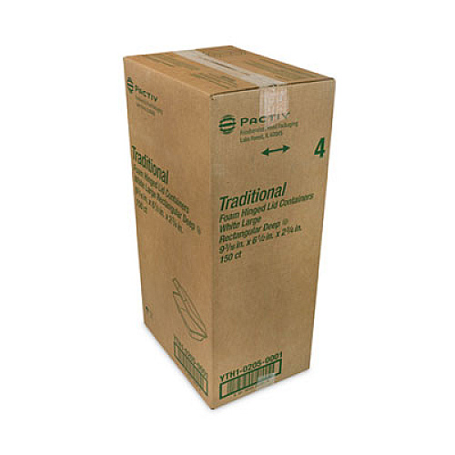 Pactiv Evergreen Foam Hinged Lid Container, Single Tab Lock #205 Utility, 9.2 x 6.5 x 2.8, White, 150/Carton (YTH102050001)
