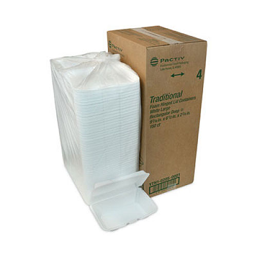Pactiv Evergreen Foam Hinged Lid Container, Single Tab Lock #205 Utility, 9.2 x 6.5 x 2.8, White, 150/Carton (YTH102050001)