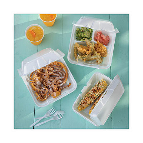 Pactiv Evergreen Foam Hinged Lid Container, Single Tab Lock #205 Utility, 9.2 x 6.5 x 2.8, White, 150/Carton (YTH102050001)