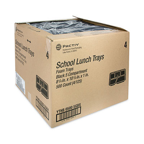 Pactiv Evergreen Foam School Trays, 5-Compartment Tray, 8.25 x 10.25 x 1, Black, 500/Carton (YTHB0500SGBX)