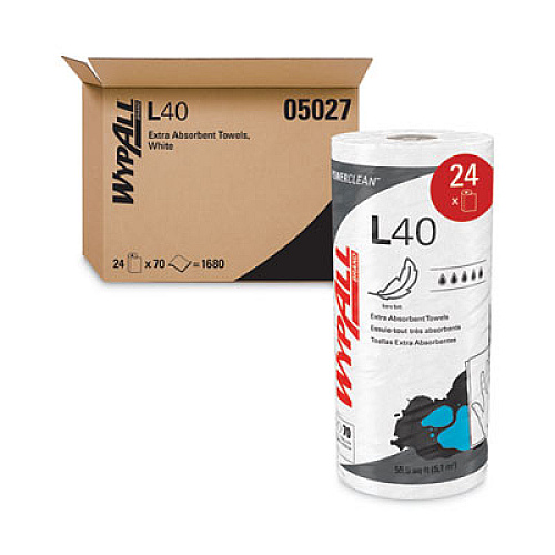 WypAll L40 Towels, Small Roll, 10.4 x 11, White, 70/Roll, 24 Rolls/Carton (05027)
