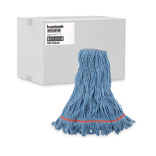 Boardwalk Super Loop Wet Mop Head, Cotton/Synthetic Fiber, 1" Headband, Large Size, Blue, 12/Carton (503BLNB)