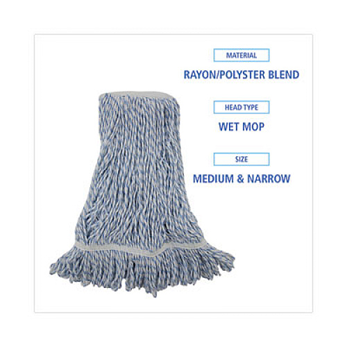Boardwalk Floor Finish Mop Head, Narrow, Rayon/Polyester, Medium, White/Blue Stripes, 12/Carton (542CT)