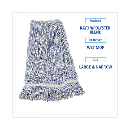 Boardwalk Floor Finish Mop Head, Narrow, Rayon/Polyester, Large, White/Blue Stripes, 12/Carton (543CT)