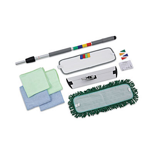 Boardwalk Microfiber Cleaning Kit, 18" Blue/Green Microfiber Head, 35" to 60" Gray Aluminum Handle (MFKIT)