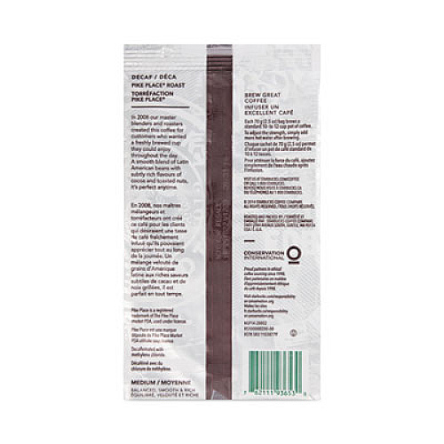 Starbucks Coffee, Pike Place Decaf, 2.5 oz Packet, 72/Carton (11023061CT)