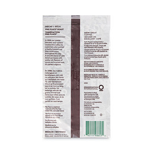 Starbucks Coffee, Pike Place Decaf, 2.5 oz Packet, 18/Box (11023061)