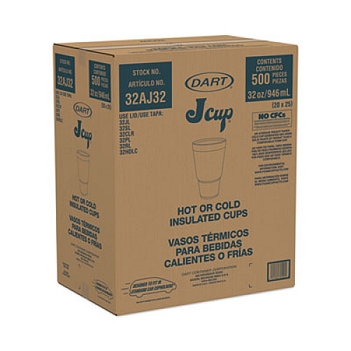 Dart Foam Drink Cups, Tapered Bottom, 32 oz, White, 25/Bag, 20 Bags/Carton (32AJ32)